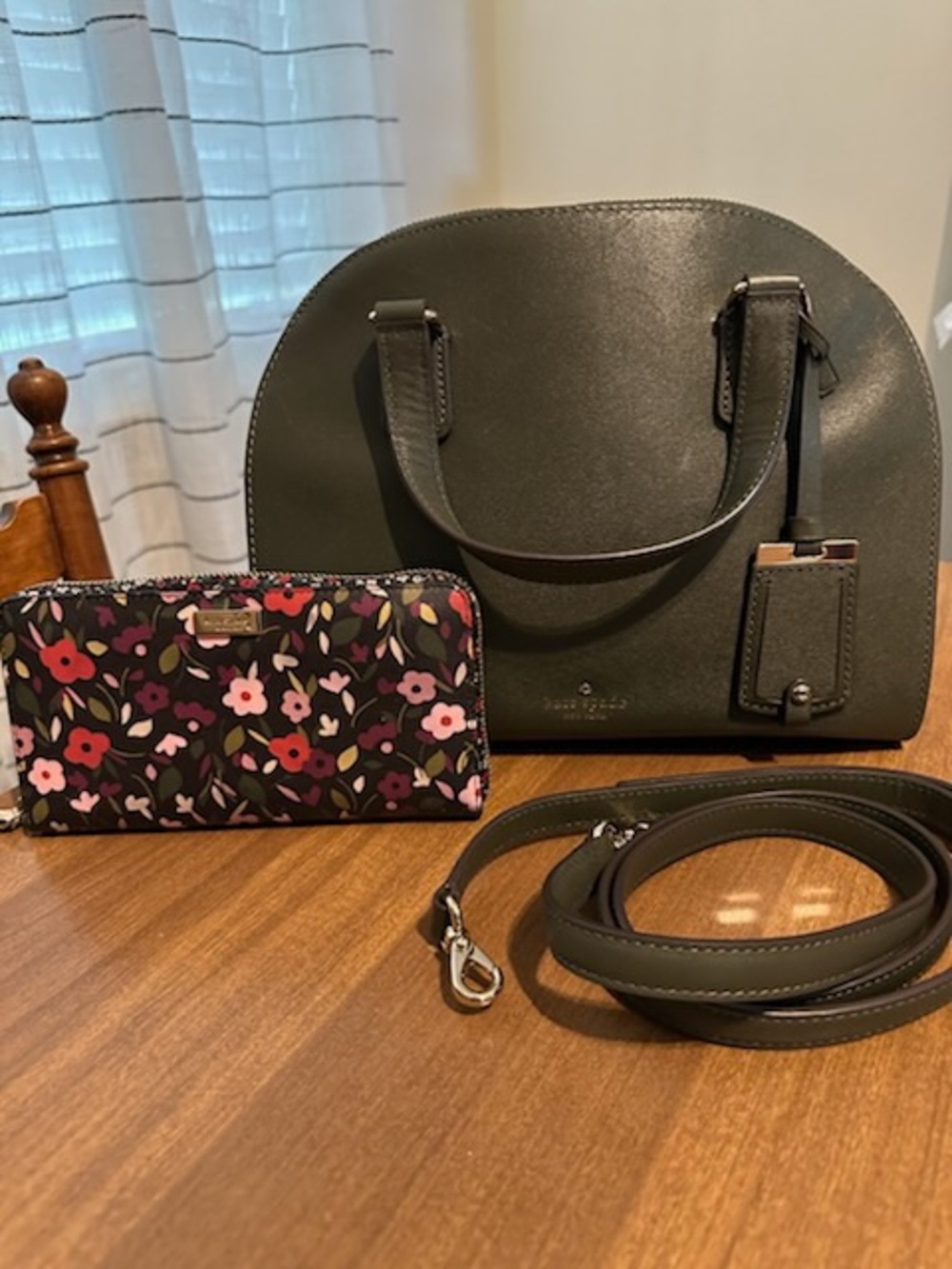 kate spade olive green dome satchel with floral zip wallet and strap